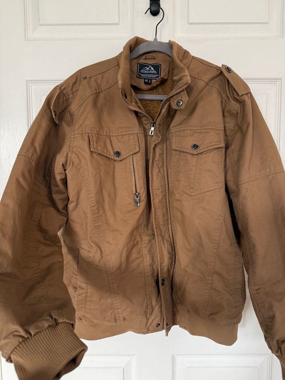 Men’s Tactical Military Cargo Jacket Brown Sherpa Fleece Lined Utility Coat US L